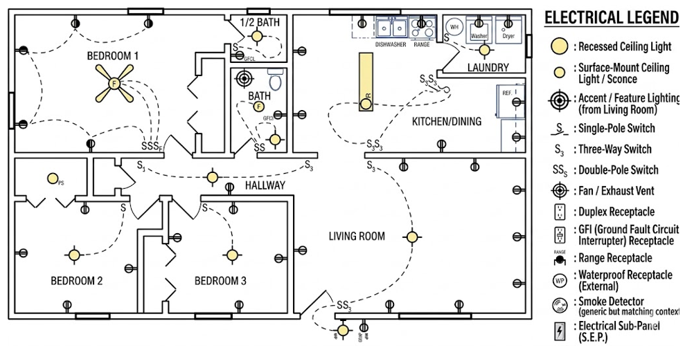 Three bedroom electrical layout